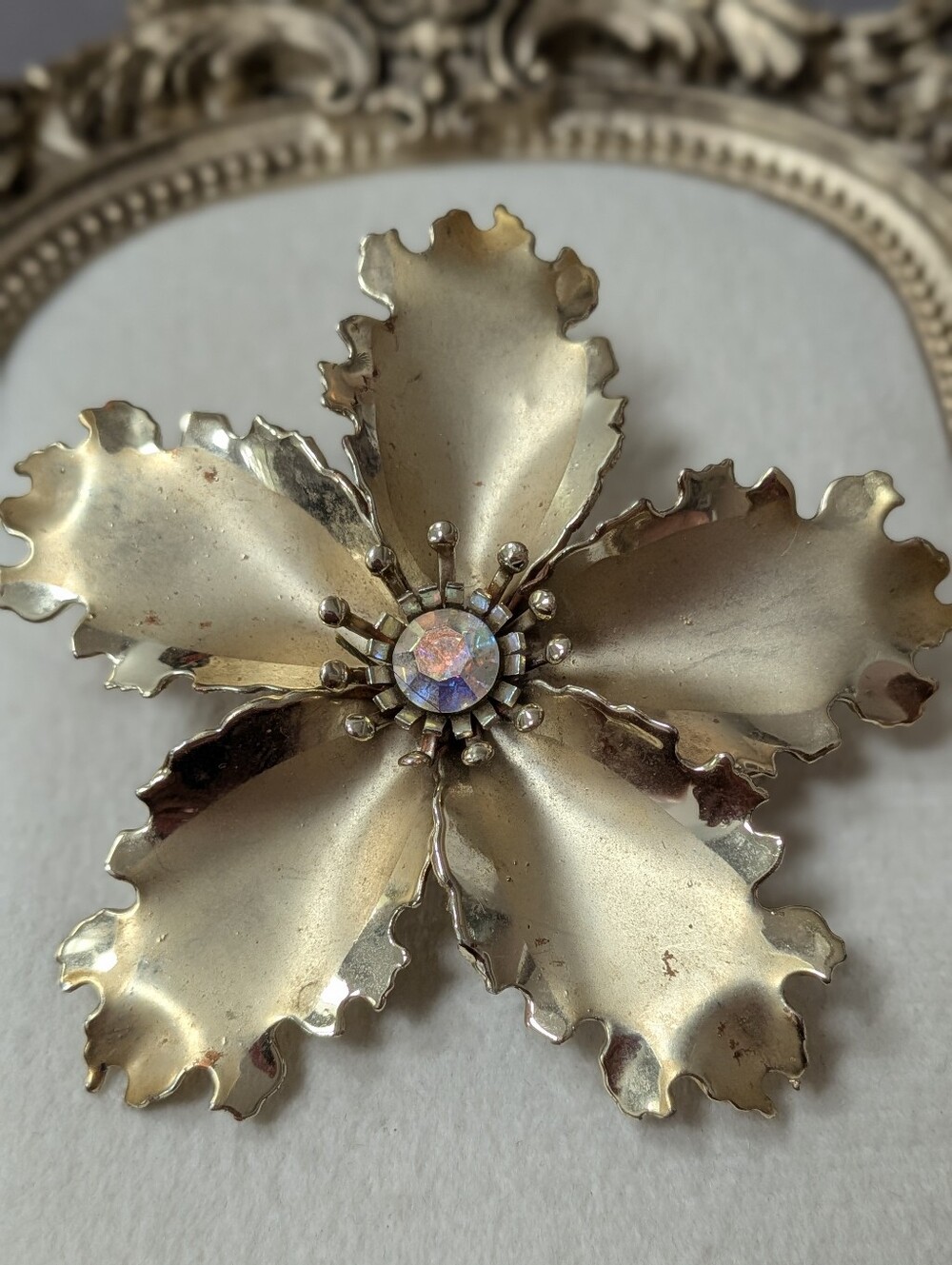 Large 3 Inch Gold Flower with AB Crystal Center Midcentury Brooch